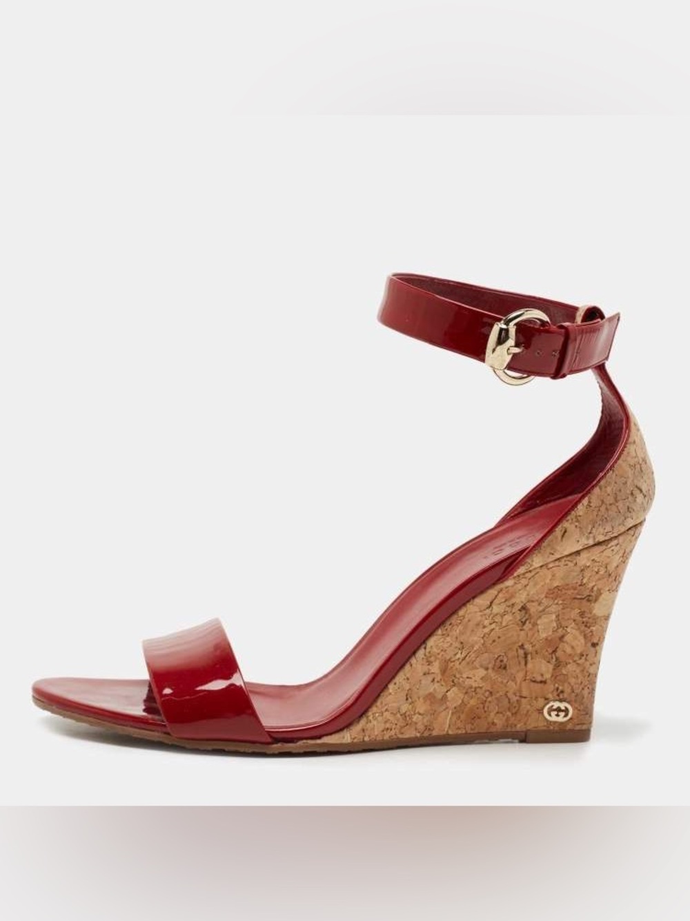 Gucci Red Patent Cork Wedge Sandals with Ankle Strap